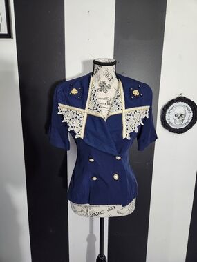 Dark Romance Navy Lace Blazer Top Gothic Coquette Vintage Victorian Style